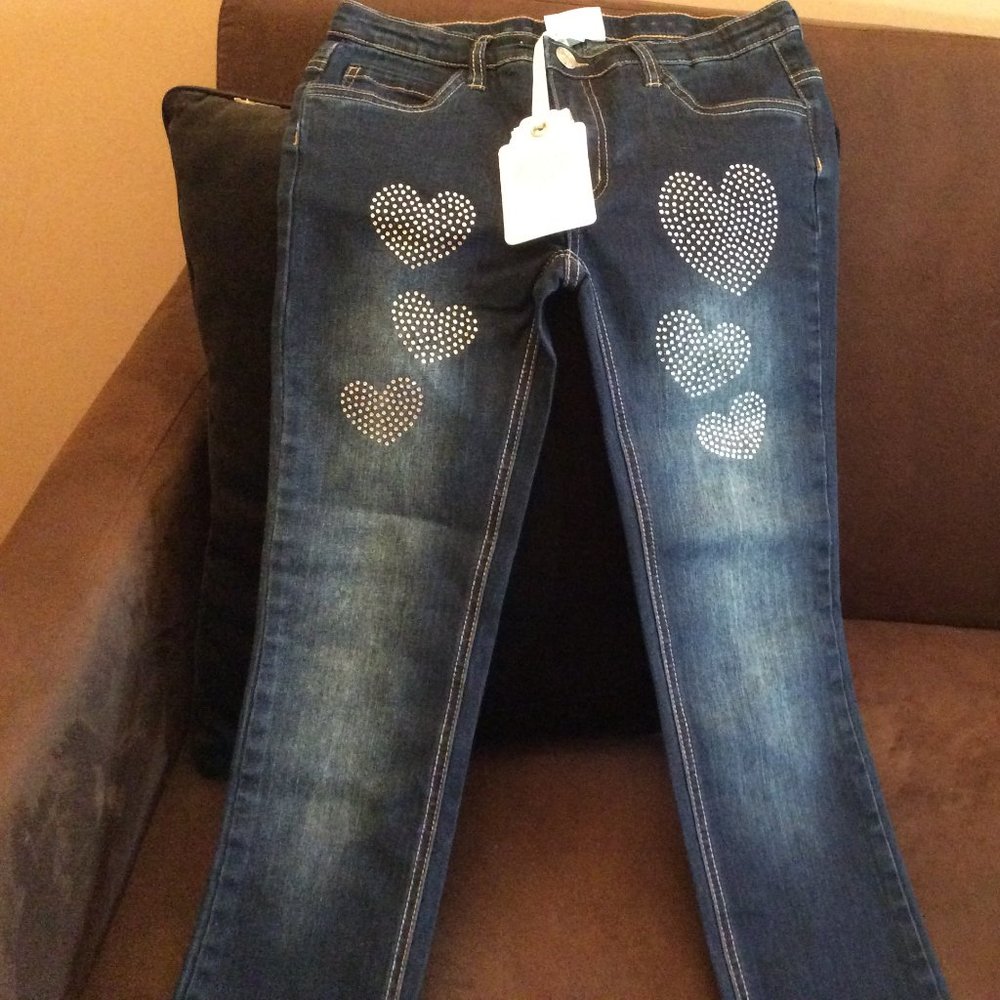 Le Chic Girl's Jeans with hearts, Blue Denim, Ages 11 - 12 years